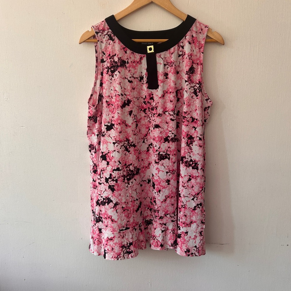 Ellen Tracy Sleeveless Top Womens Large Pink Floral Keyhole Ruffle Career Chic